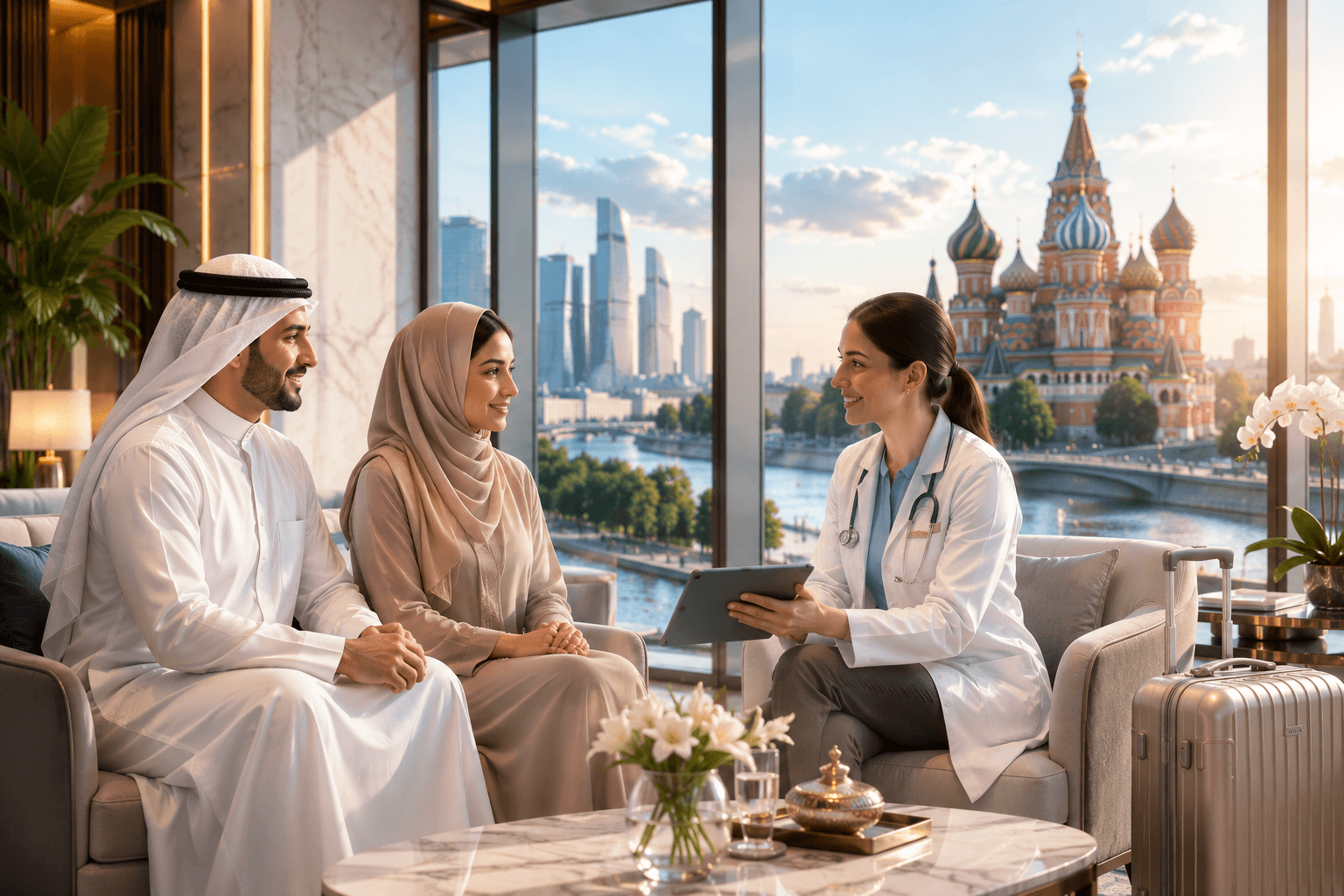Doctor consulting with patients, Moscow skyline in the background